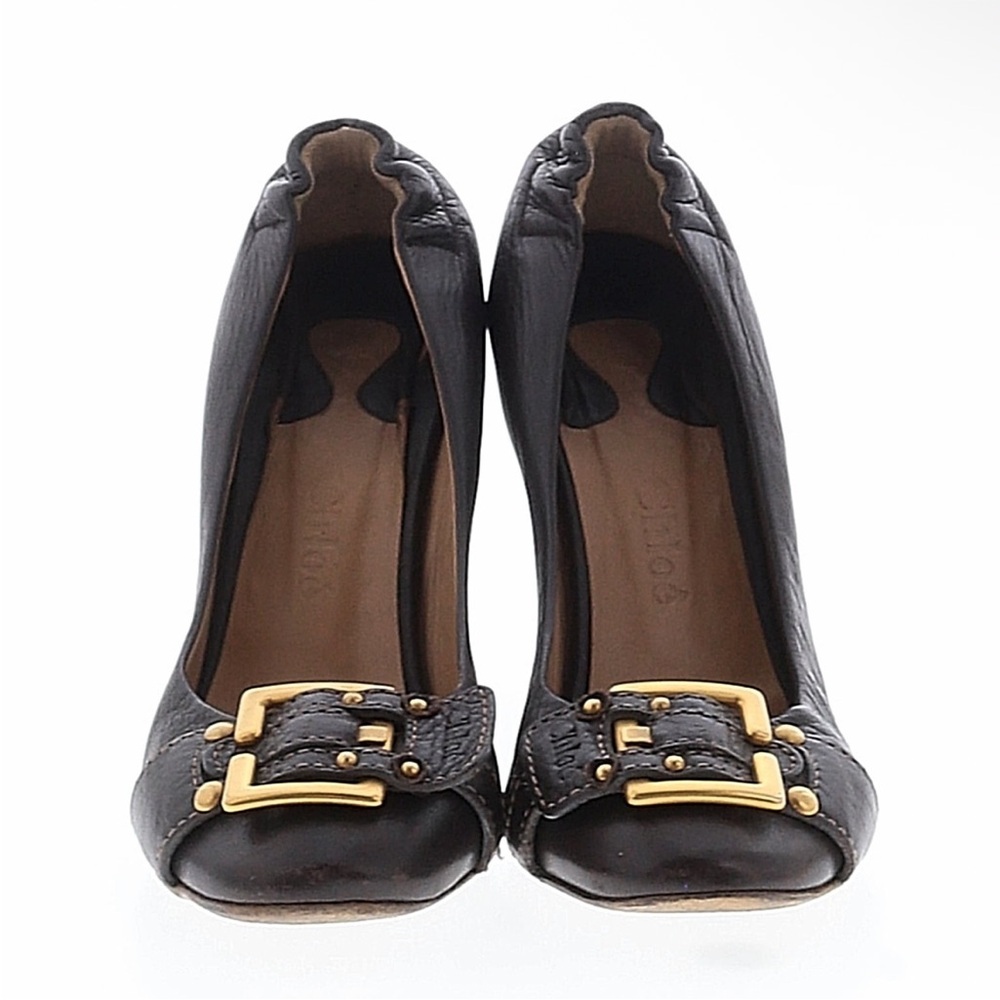 Authentic Chocolate Chloe Wedges With A Gold Buckle
